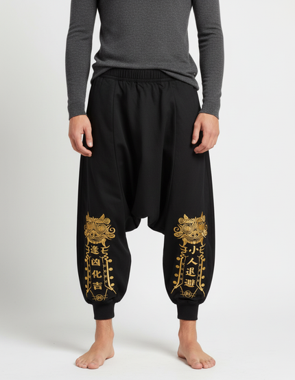 Pantalon Chinois Noir Ample Brodé Doré Sarouel Coton - Molleton