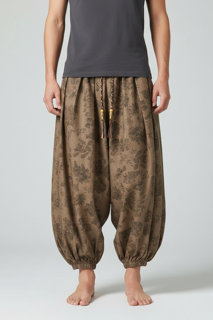 Pantalon Chinois Marron Ample Côtelé Fleuri Décontracté - Cordé