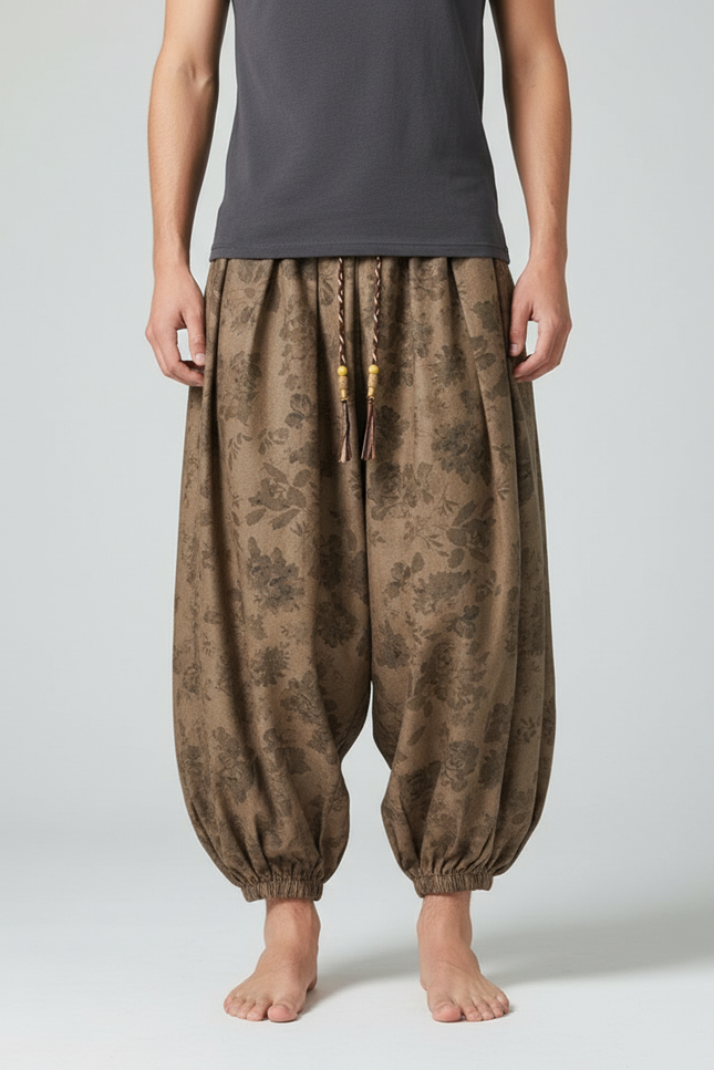 Pantalon Chinois Marron Ample Côtelé Fleuri Décontracté - Cordé