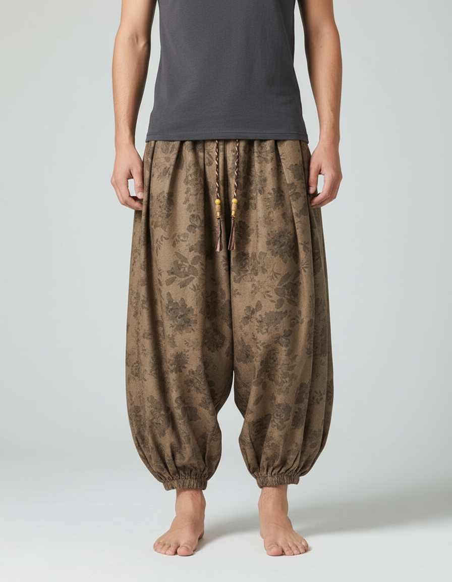Pantalon Chinois Marron Ample Côtelé Fleuri Décontracté - Cordé
