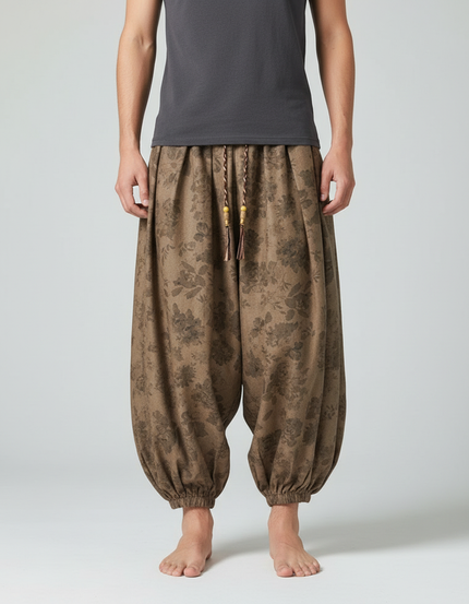 Pantalon Chinois Marron Ample Côtelé Fleuri Décontracté - Cordé