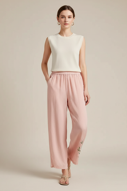 Pantalon Chinois Rose Lin Ample Brodé Fluide