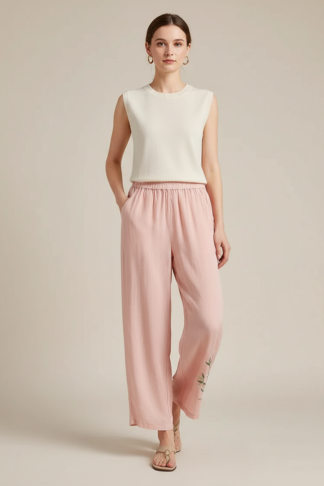 Pantalon Chinois Rose Lin Ample Brodé Fluide