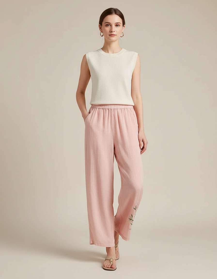 Pantalon Chinois Rose Lin Ample Brodé Fluide