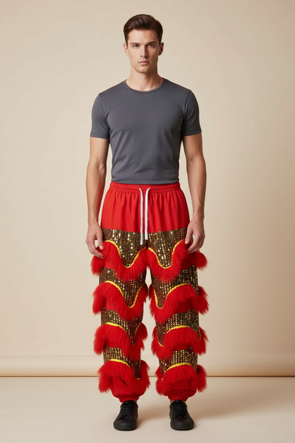 Pantalon Chinois Lion Danse Scintillant Rouge Doré Homme Festif - Polyester