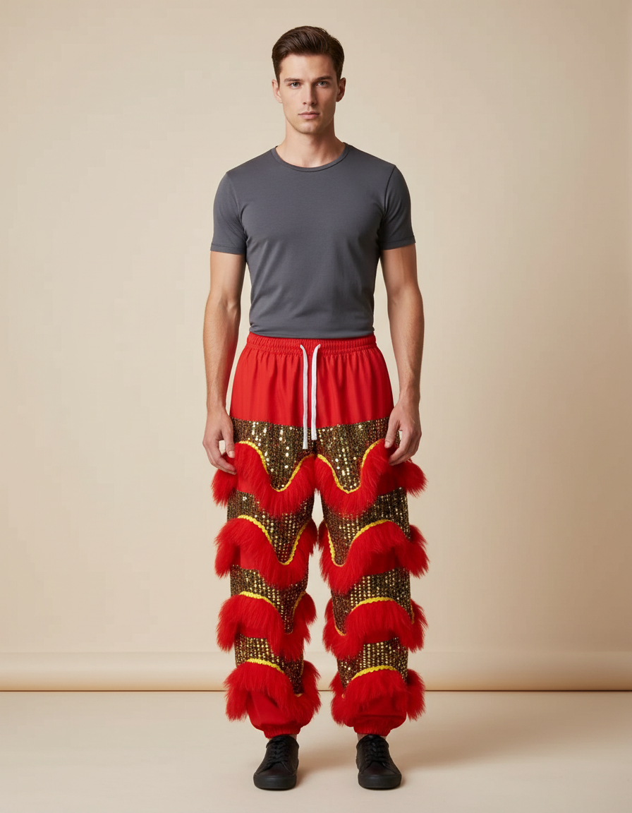 Pantalon Chinois Lion Danse Scintillant Rouge Doré Homme Festif - Polyester