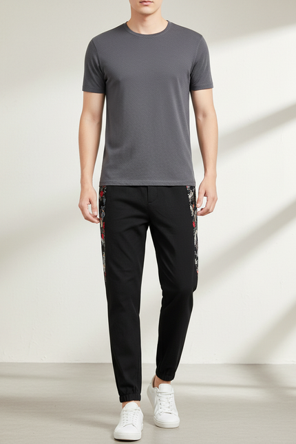 Pantalon Chinois Noir Brodé Floral Décontracté Homme - Polyester