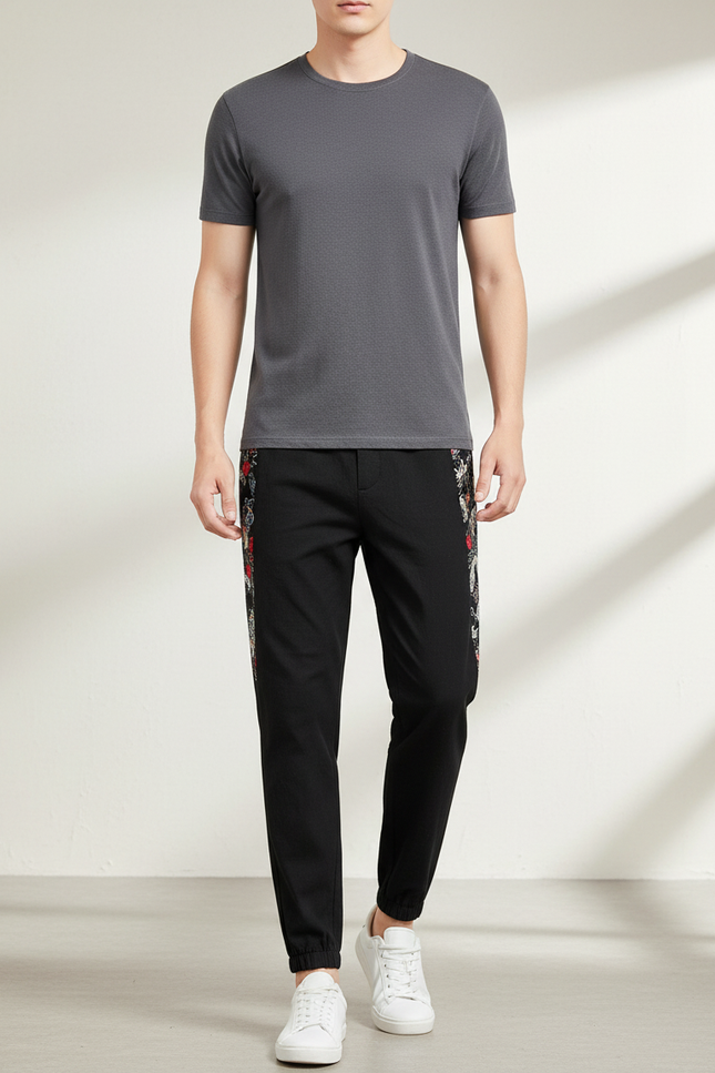 Pantalon Chinois Noir Brodé Floral Décontracté Homme - Polyester