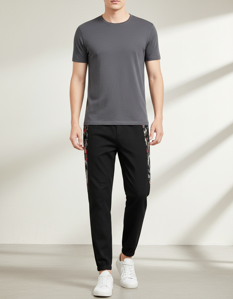 Pantalon Chinois Noir Brodé Floral Décontracté Homme - Polyester