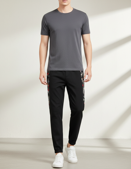 Pantalon Chinois Noir Brodé Floral Décontracté Homme - Polyester