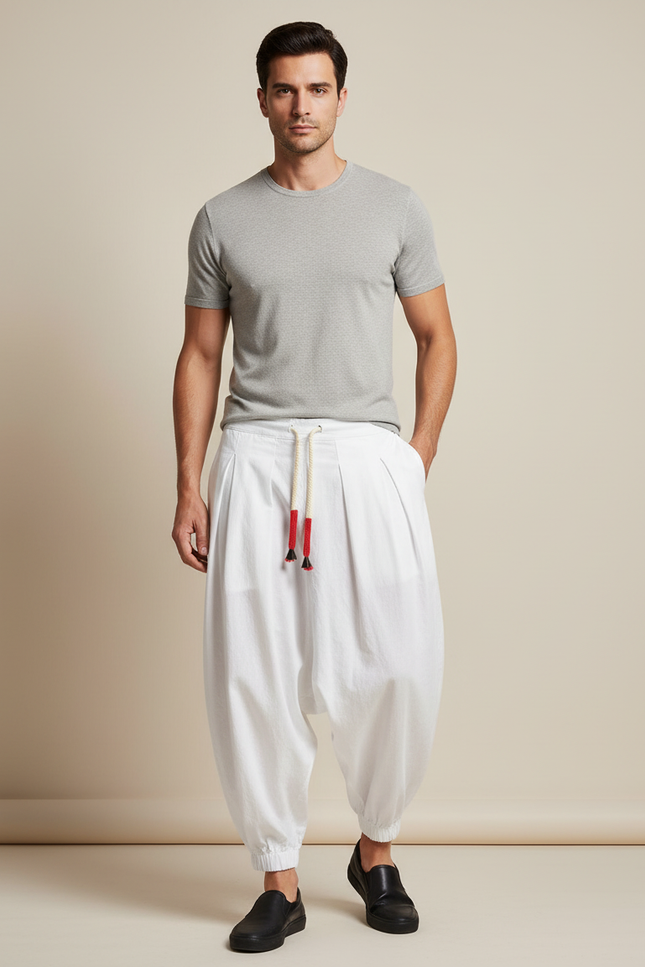 Pantalon Chinois Blanc Ample Harem Décontracté Coton
