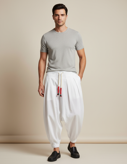 Pantalon Chinois Blanc Ample Harem Décontracté Coton