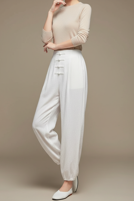 Pantalon Chinois Blanc Ample Lin Boutons Traditionnel