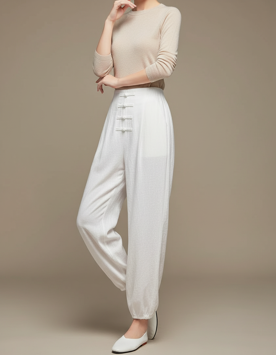 Pantalon Chinois Blanc Ample Lin Boutons Traditionnel