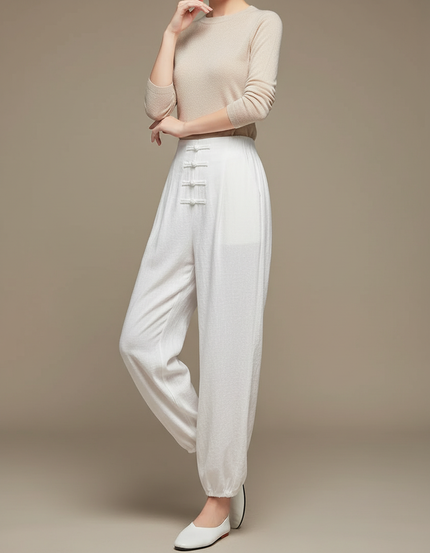 Pantalon Chinois Blanc Ample Lin Boutons Traditionnel