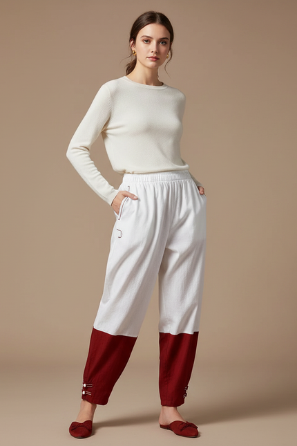 Pantalon Chinois Bicolore Ample Coton Décontracté Femme - Multicolore Lin