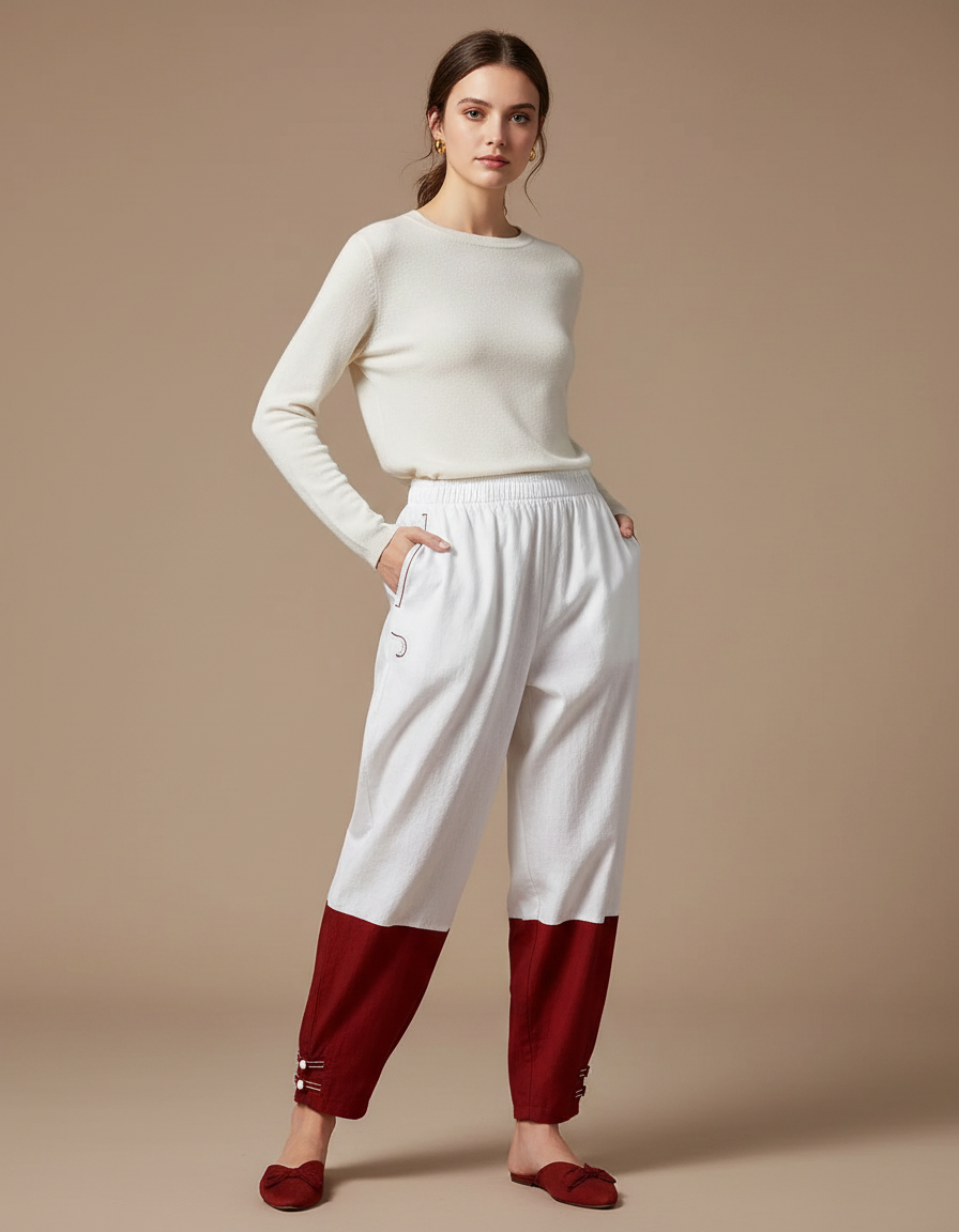 Pantalon Chinois Bicolore Ample Coton Décontracté Femme - Multicolore Lin