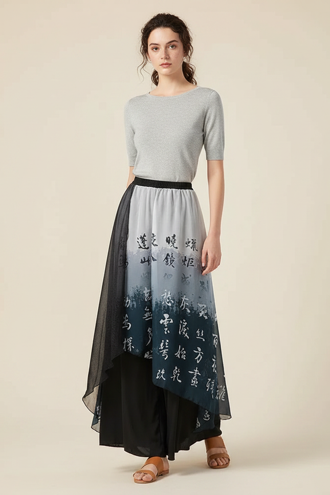 Pantalon Chinois Jupe Ample Chiffon Encre Imprimé Dégradé - Noir Satin