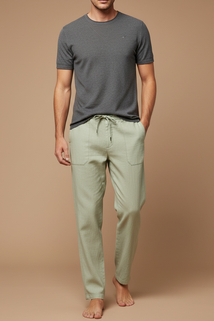 Pantalon Chinois Vert Lin Ample Décontracté Homme
