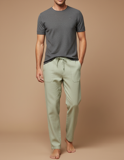 Pantalon Chinois Vert Lin Ample Décontracté Homme