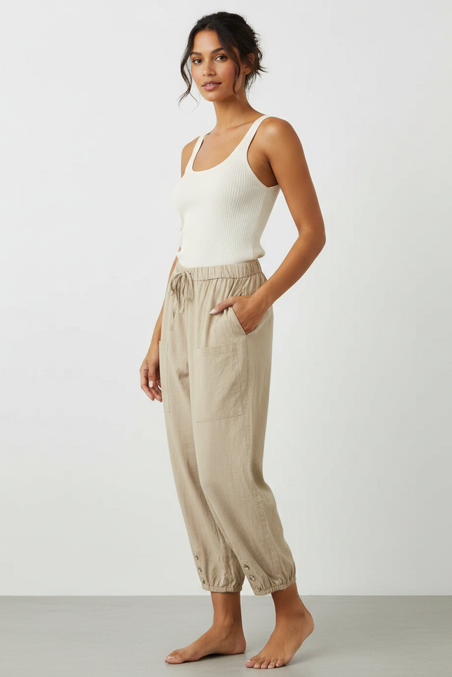 Pantalon Chinois Beige Lin Ample Décontracté Boutons