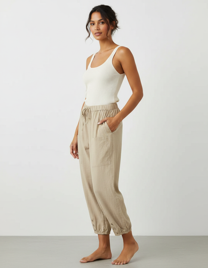 Pantalon Chinois Beige Lin Ample Décontracté Boutons