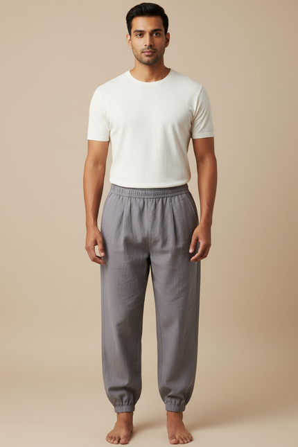 Pantalon Chinois Gris Ample Coton Lin Décontracté