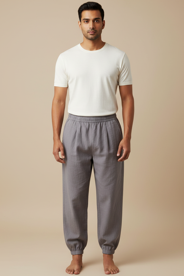 Pantalon Chinois Gris Ample Coton Lin Décontracté