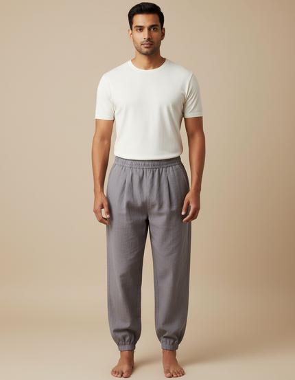 Pantalon Chinois Gris Ample Coton Lin Décontracté