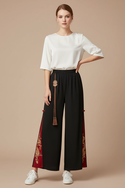 Pantalon Chinois Noir Brodé Dragon Rouge Ample - Viscose