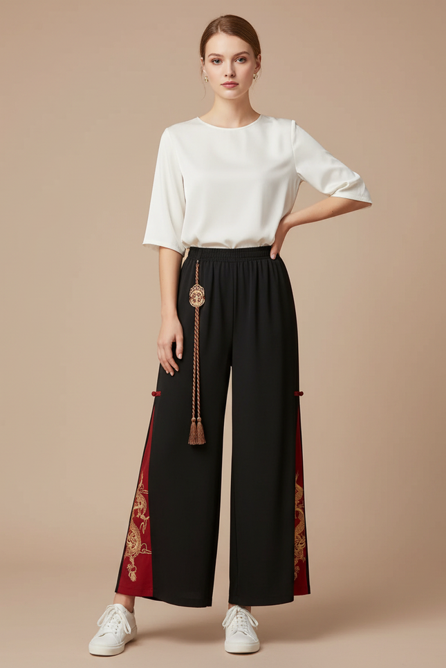 Pantalon Chinois Noir Brodé Dragon Rouge Ample - Viscose
