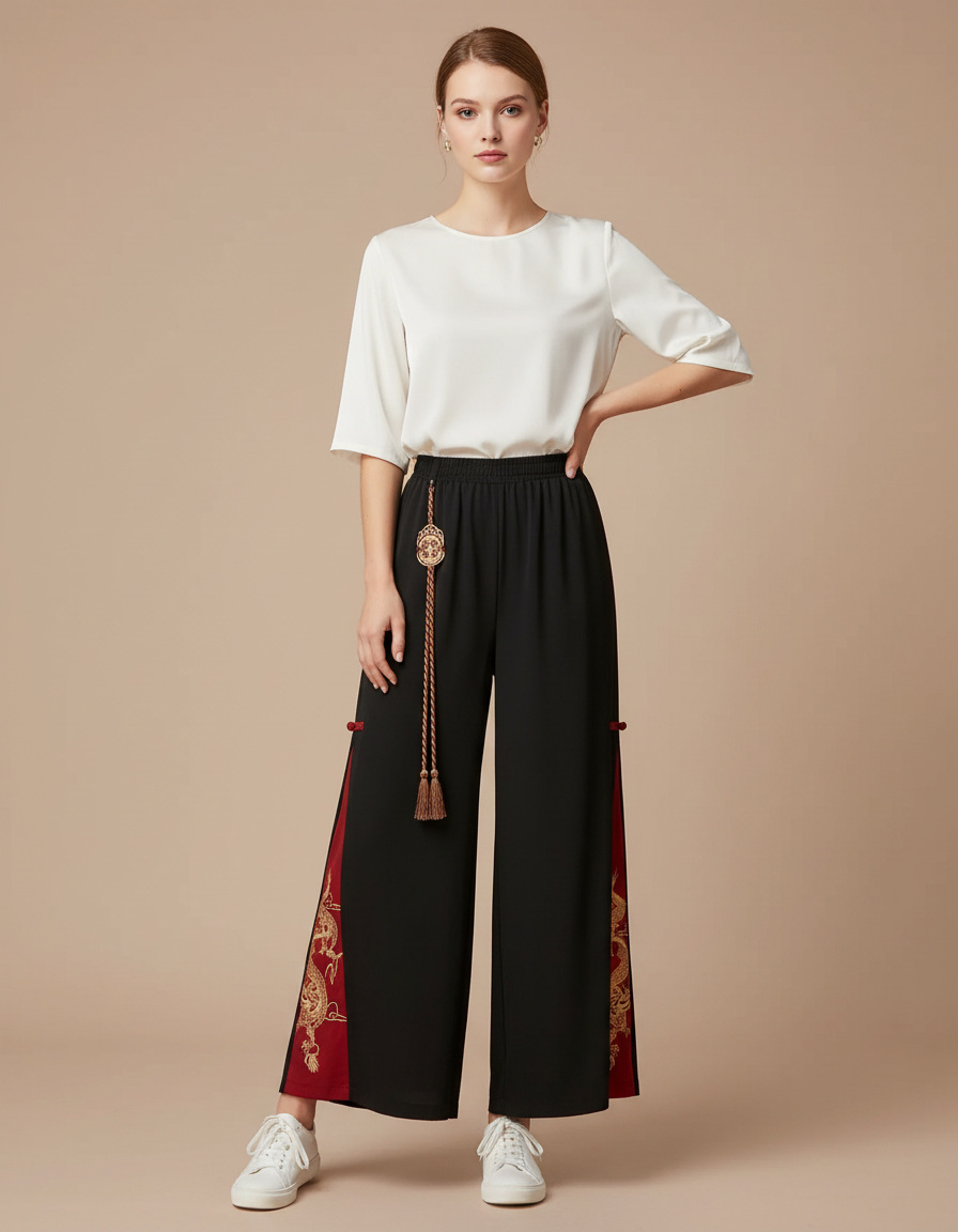 Pantalon Chinois Noir Brodé Dragon Rouge Ample - Viscose