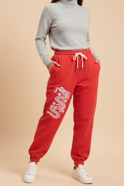Pantalon Chinois Rouge Dragon Molletonné Ample Décontracté
