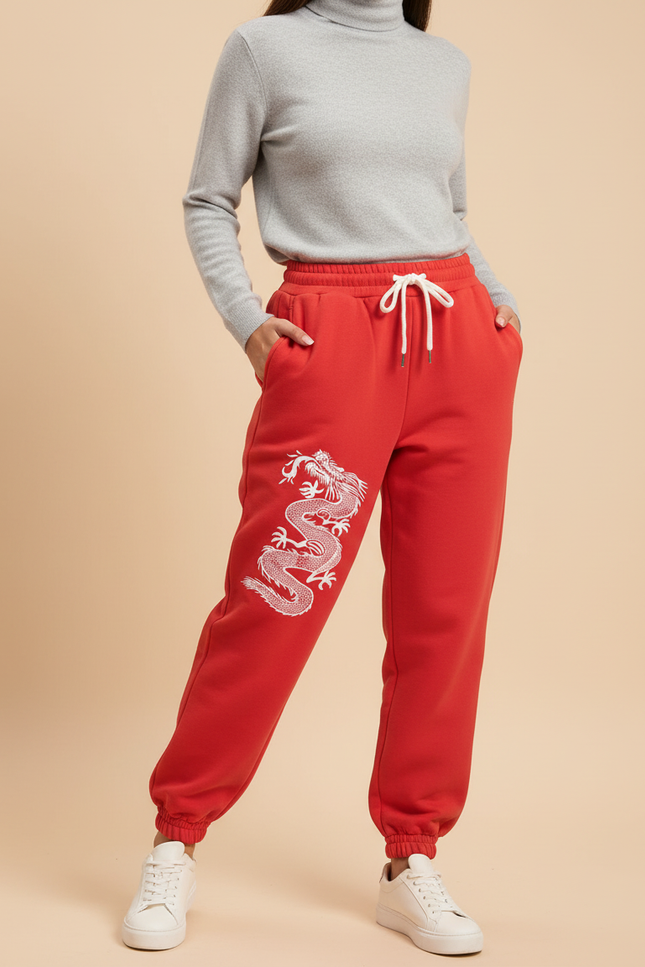 Pantalon Chinois Rouge Dragon Molletonné Ample Décontracté