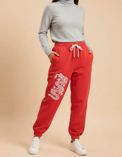 Pantalon Chinois Rouge Dragon Molletonné Ample Décontracté