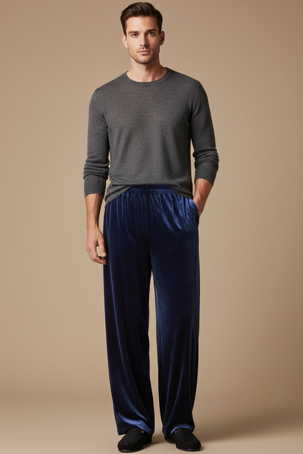 Pantalon Chinois Velours Bleu Ample Décontracté Homme - Marine