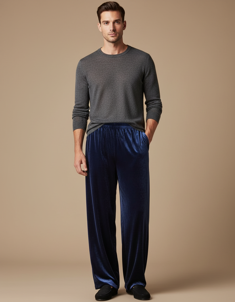 Pantalon Chinois Velours Bleu Ample Décontracté Homme - Marine
