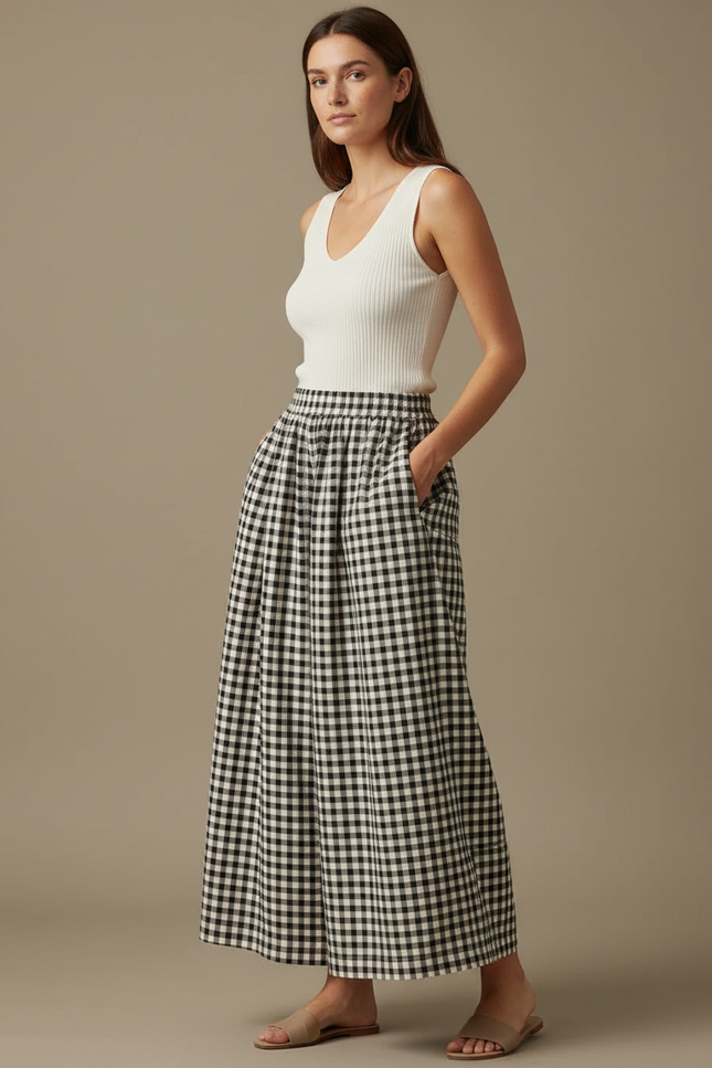 Pantalon Chinois Carreaux Vichy Ample Coton Lin - Imprimé