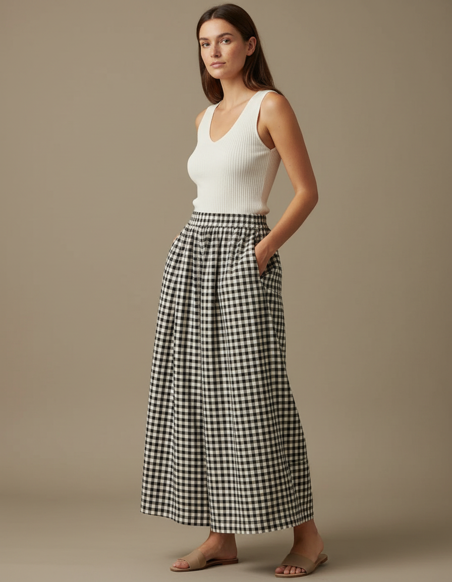 Pantalon Chinois Carreaux Vichy Ample Coton Lin - Imprimé