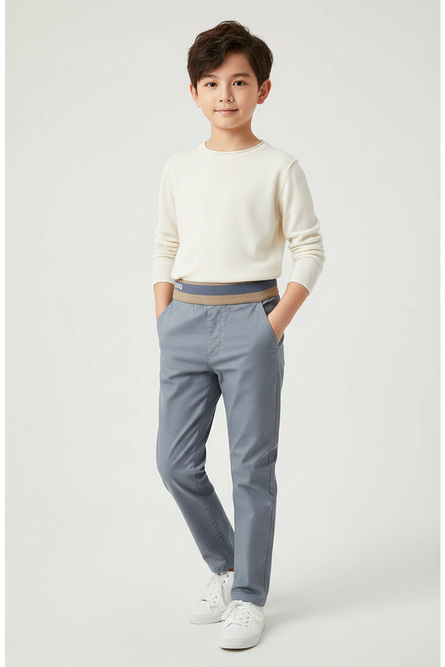 Pantalon Chinois Gris Décontracté Élastique Coupe Droite Garçon - Coton