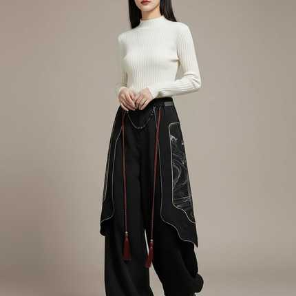 Pantalon Chinois Noir Ample Motifs Dragon Hanfu - Polyester