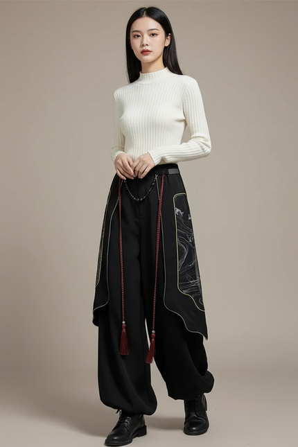 Pantalon Chinois Noir Ample Motifs Dragon Hanfu - Polyester