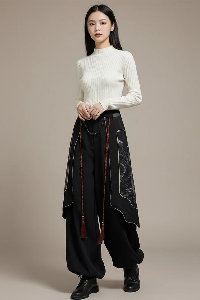 Pantalon Chinois Noir Ample Motifs Dragon Hanfu - Polyester