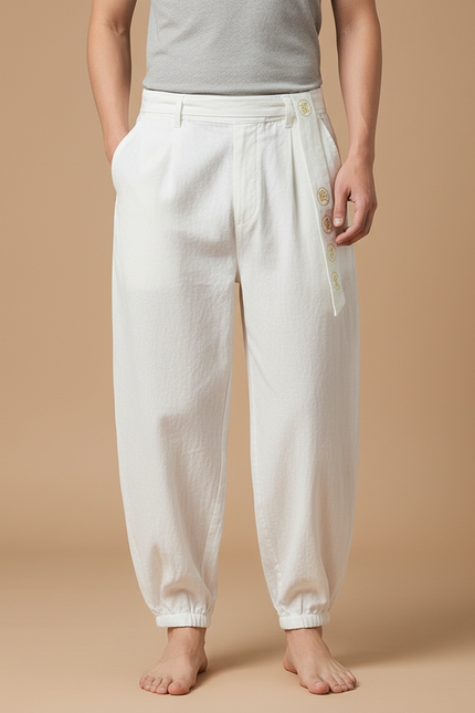 Pantalon Chinois Blanc Coton Ample Brodé Homme