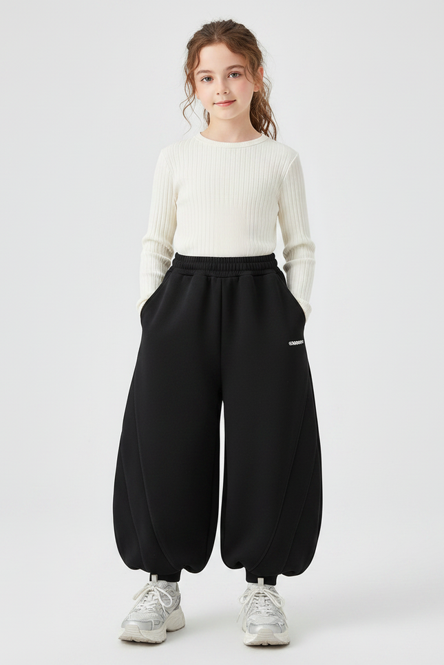 Pantalon Chinois Noir Ample Épais Fille Sportif - Molleton