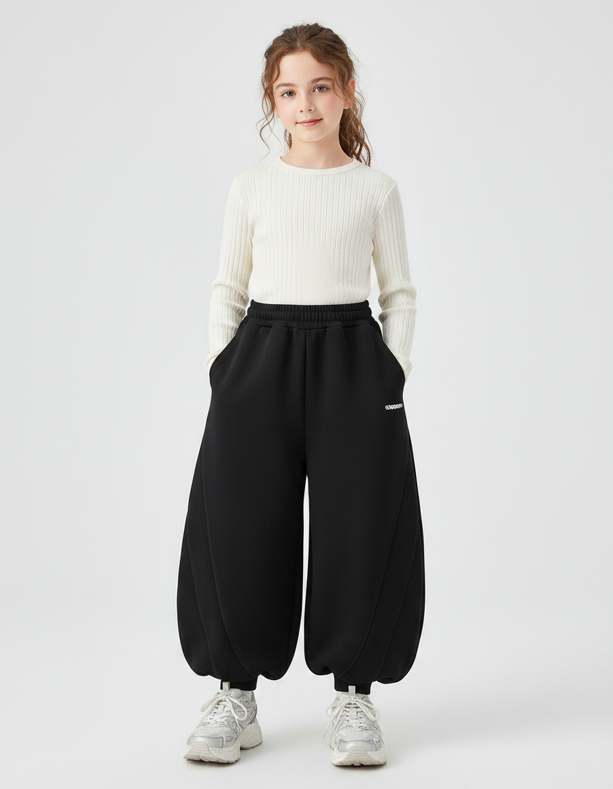 Pantalon Chinois Noir Ample Épais Fille Sportif - Molleton