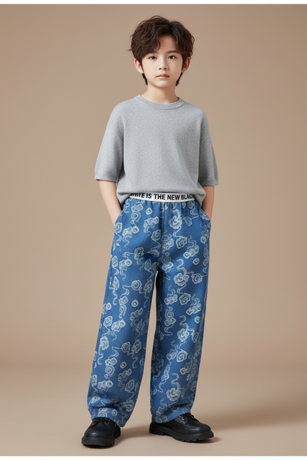 Pantalon Chinois Denim Ample Nuages Imprimés Décontracté Garçon - Bleu Jean