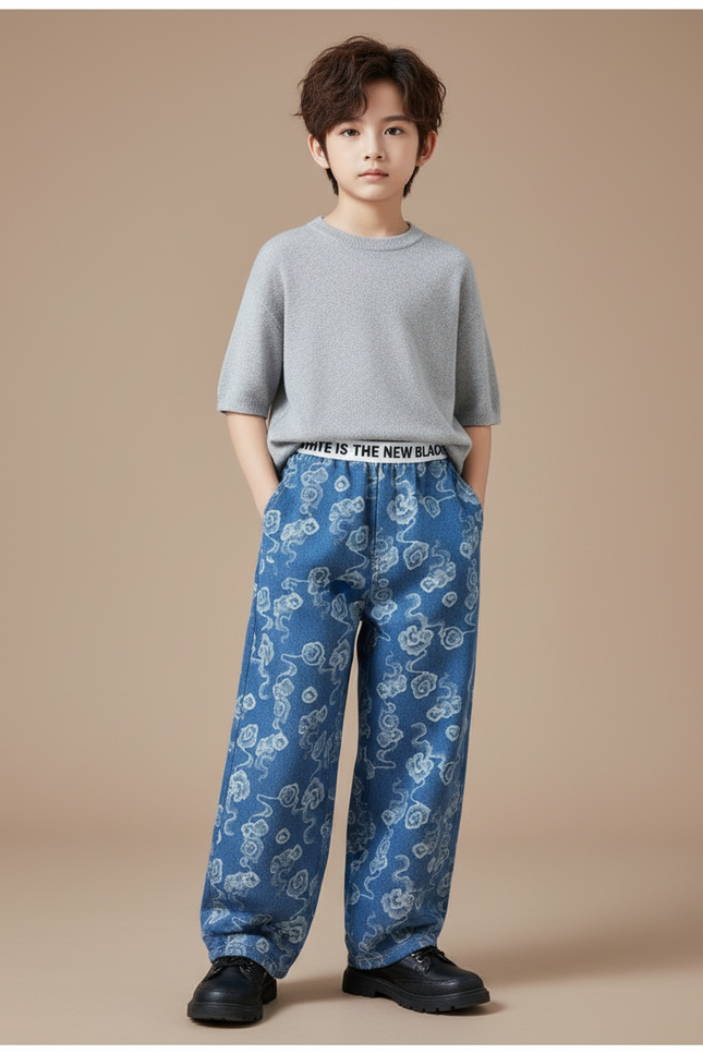 Pantalon Chinois Denim Ample Nuages Imprimés Décontracté Garçon - Bleu Jean