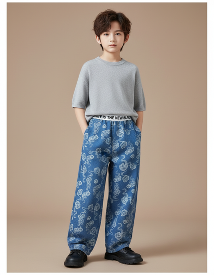 Pantalon Chinois Denim Ample Nuages Imprimés Décontracté Garçon - Bleu Jean