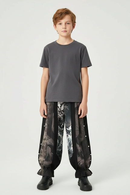 Pantalon Chinois Imprimé Ample Noir Enfant Hanfu - Polyester
